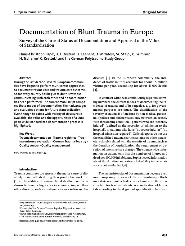 Documentation of Blunt Trauma in Europe 2000