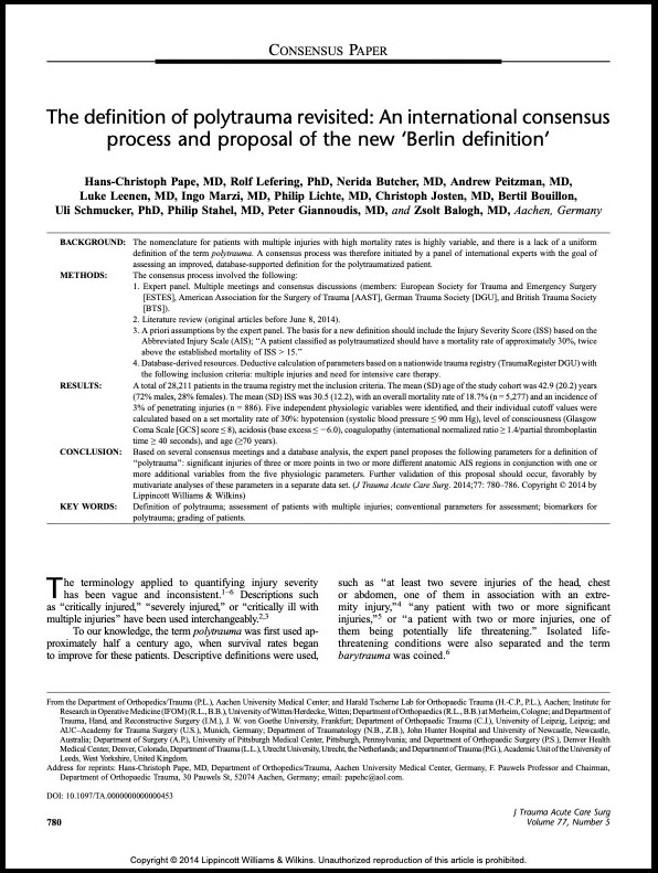 The definition of polytrauma revisited: An international consensusprocess and proposal of the new ‘Berlin definition’_2014