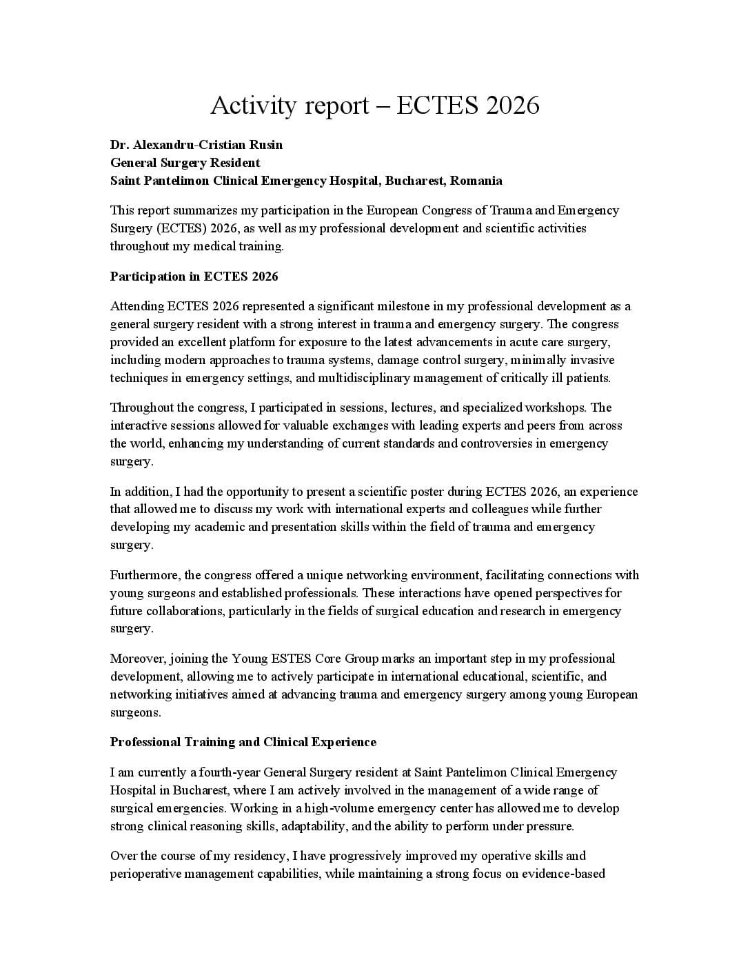 ECTES Congress Grant Report Alexandru-Cristian Rusin