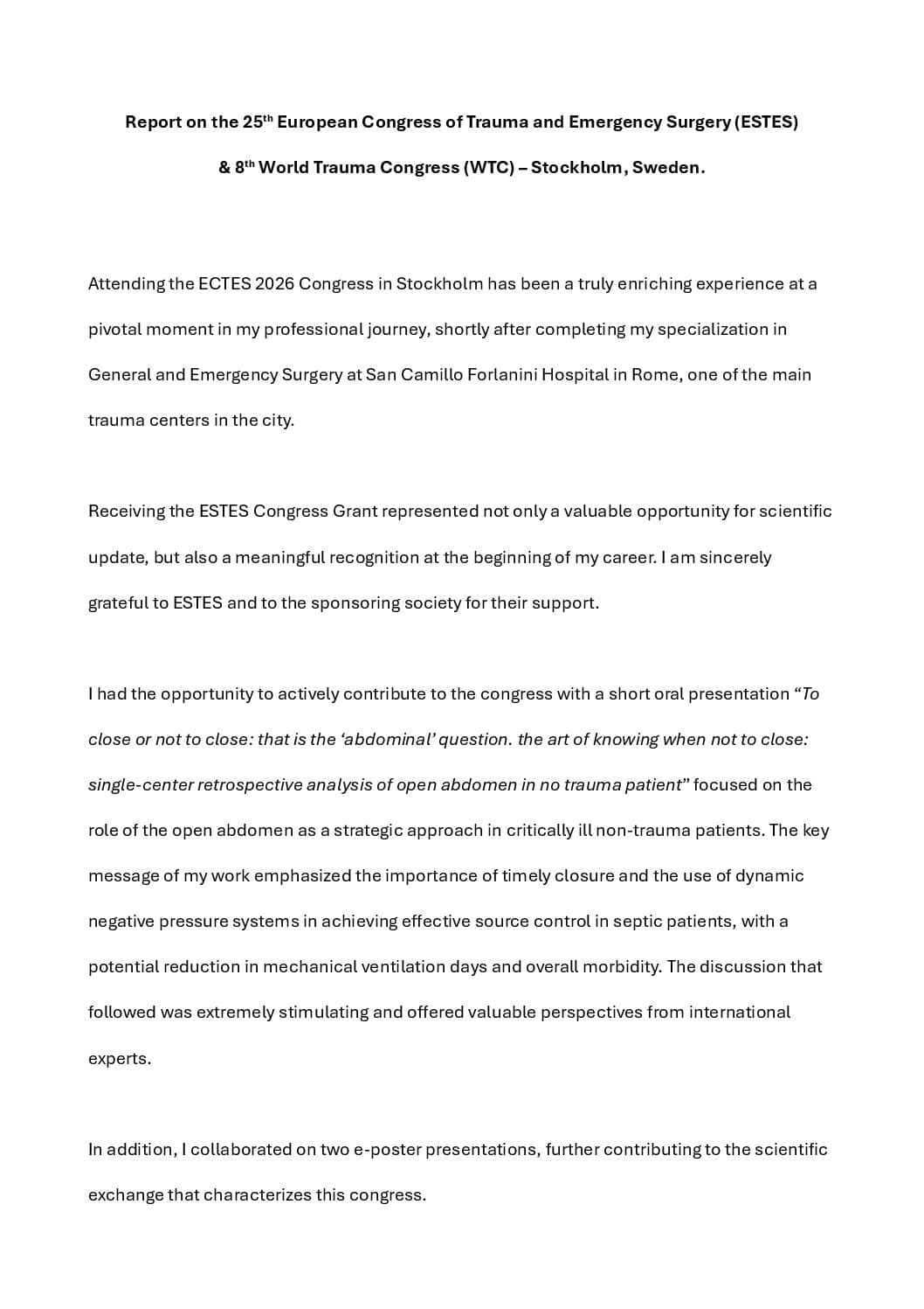 ECTES Congress Grant Report Chiara Scorziello